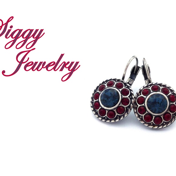 Swarovski Crystal Flower Earrings in Montana and Siam Red Antique Silver Finish - Picture 3 of 6